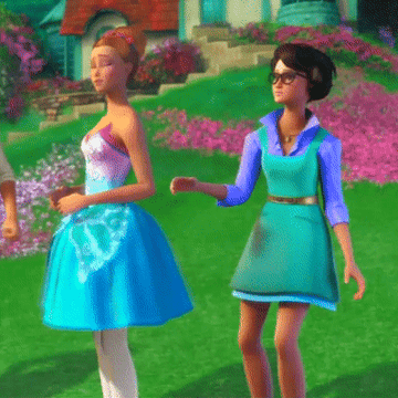 two barbie characters wear short dresses and stand in a field, holding hands
