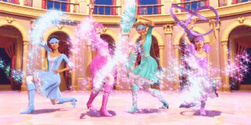 four barbie characters in high boots and long-sleeved short dresses, are surrounded by magic dust and stars as they get into poses.