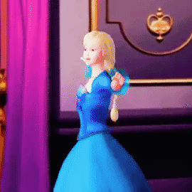 barbie spins around while wearing a long-sleeved princess dress with a wide and puffy skirt.