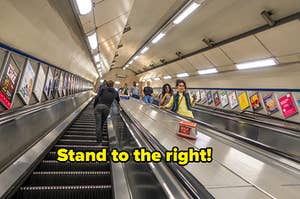 View of both the up and down escalator peppered with people standing to the right from the London tube behind text Stand to the right
