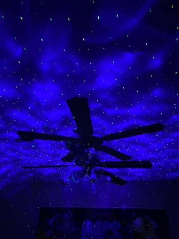 reviewer image of the projector projecting a dark blue starry night onto the walls and ceiling