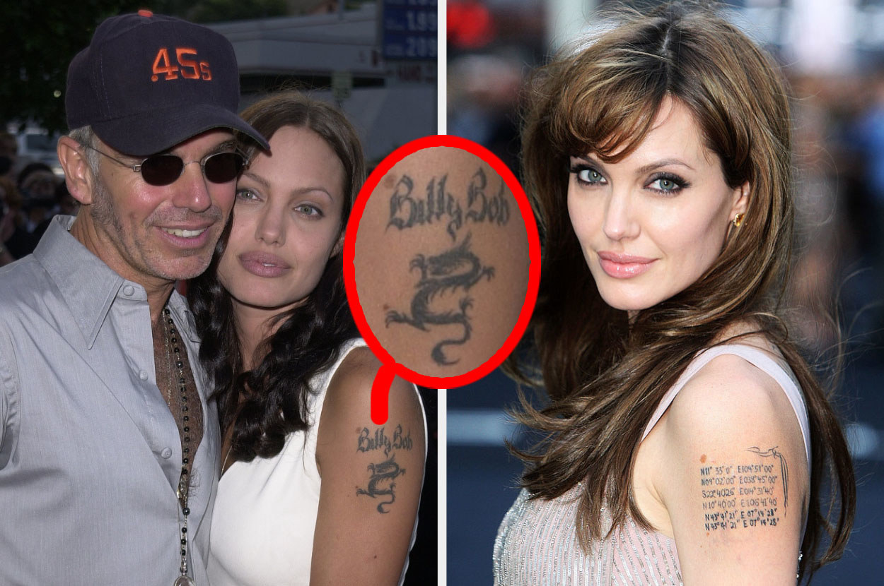 Angelina Jolie with a dragon tattooed on her arm and text that reads &quot;Billy Bob&quot; next to a picture of her current tattoo of her children&#x27;s birthplace coordinates