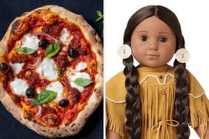 On the left, a margherita pizza, and on the right, the American Girl Doll Kaya