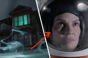 An up angle shot of a haunted house surrounded by fog and a close up of a woman as she wears an astronaut helmet
