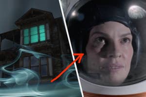 An up angle shot of a haunted house surrounded by fog and a close up of a woman as she wears an astronaut helmet