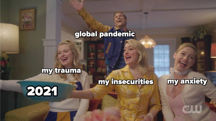 Alice and her family with the captions global pandemic, my trauma, my insecurities, my anxiety, 2021