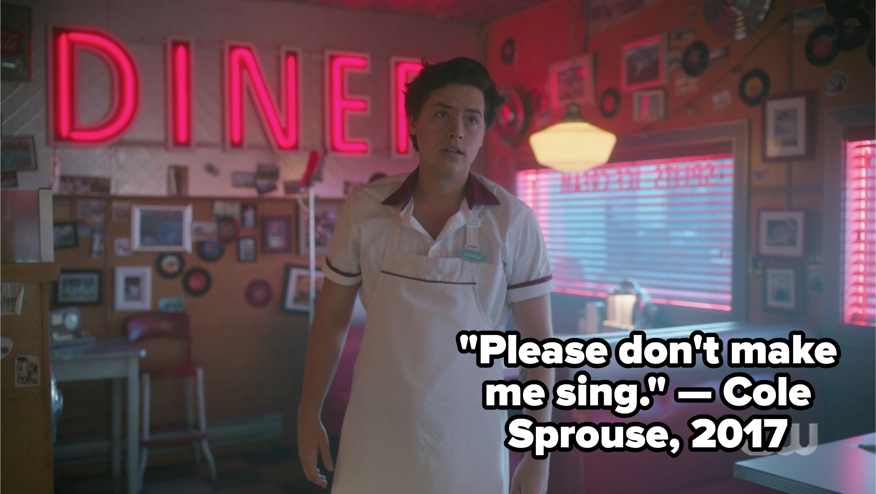 Jughead singing with a caption of a cole sprouse quote from 2017 saying please don&#x27;t make me sing