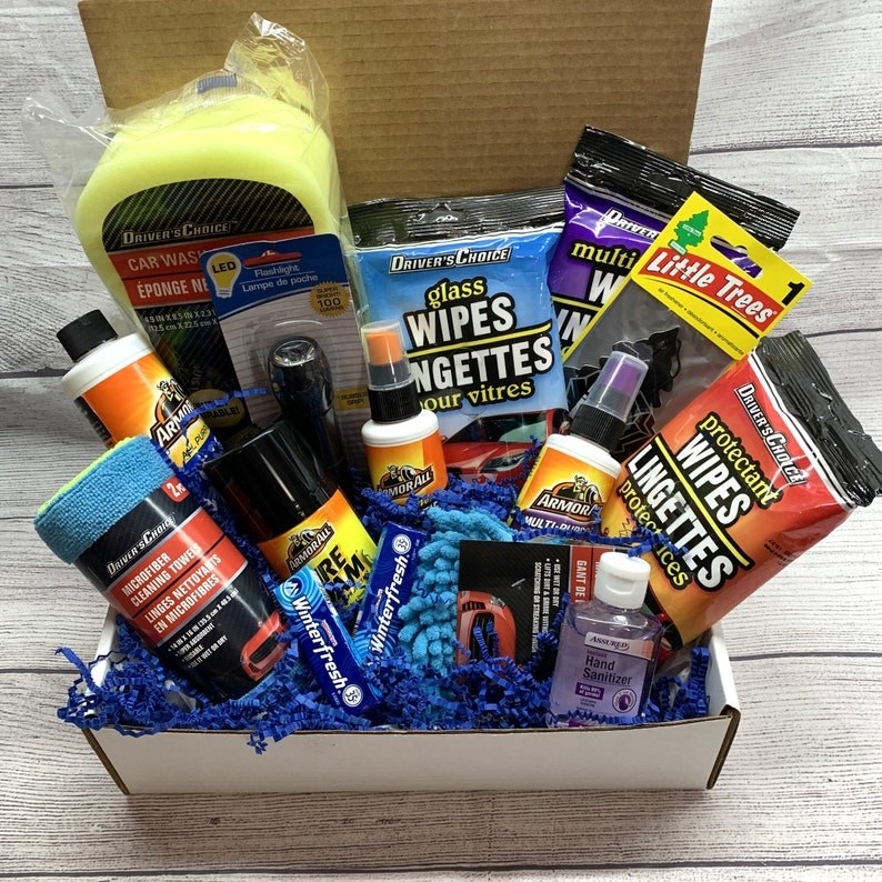a basket of car cleaning and detailing products