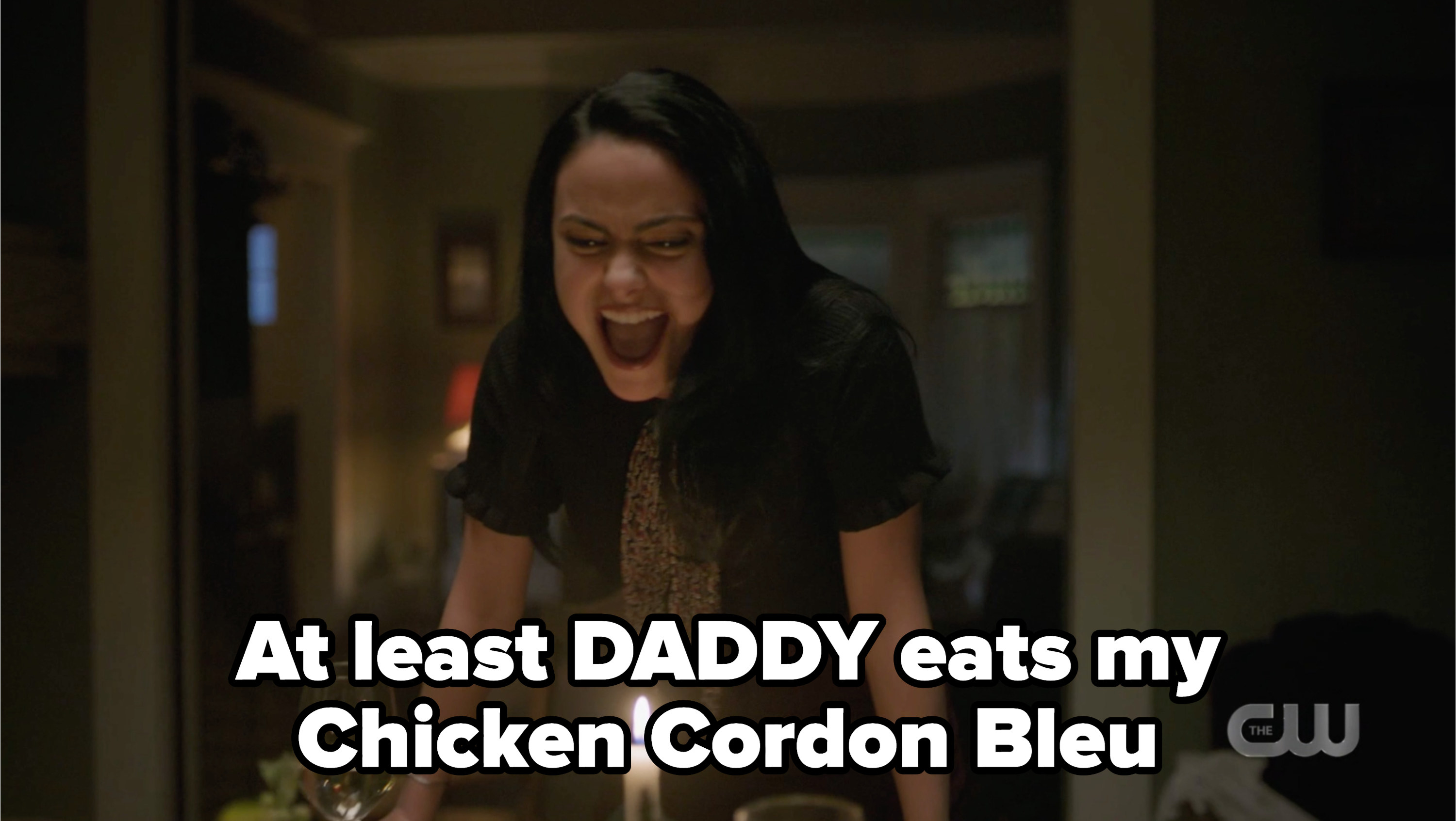 Veronica singing with the caption at least Daddy eats my chicken cordon bleu