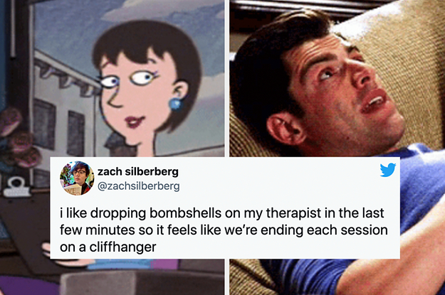 "i like dropping bombshells on my therapist in the last few minutes so it feels like we're ending each session on a cliffhanger" with a picture of a therapist and schmidt from new girl in therapy