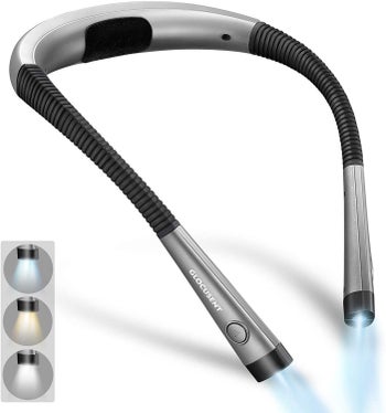 the neck reading light in black and silver, with small pictures at the bottom, showing the different light settings it has