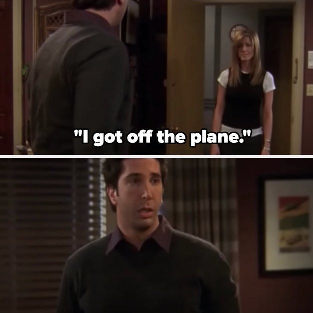 Rachel reveals she got off the plane as Ross looks up