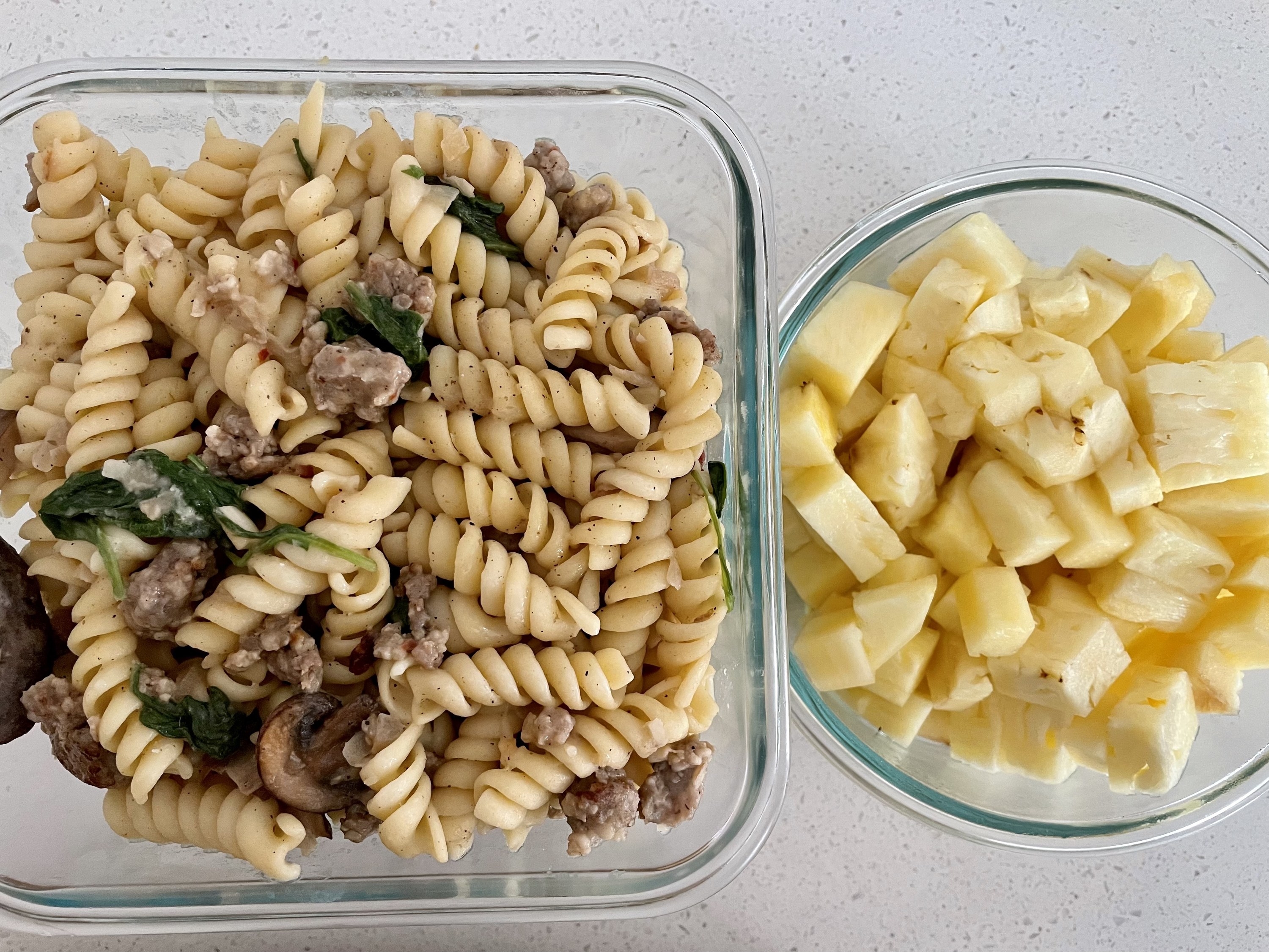 Leftover pasta and pineapple chunks