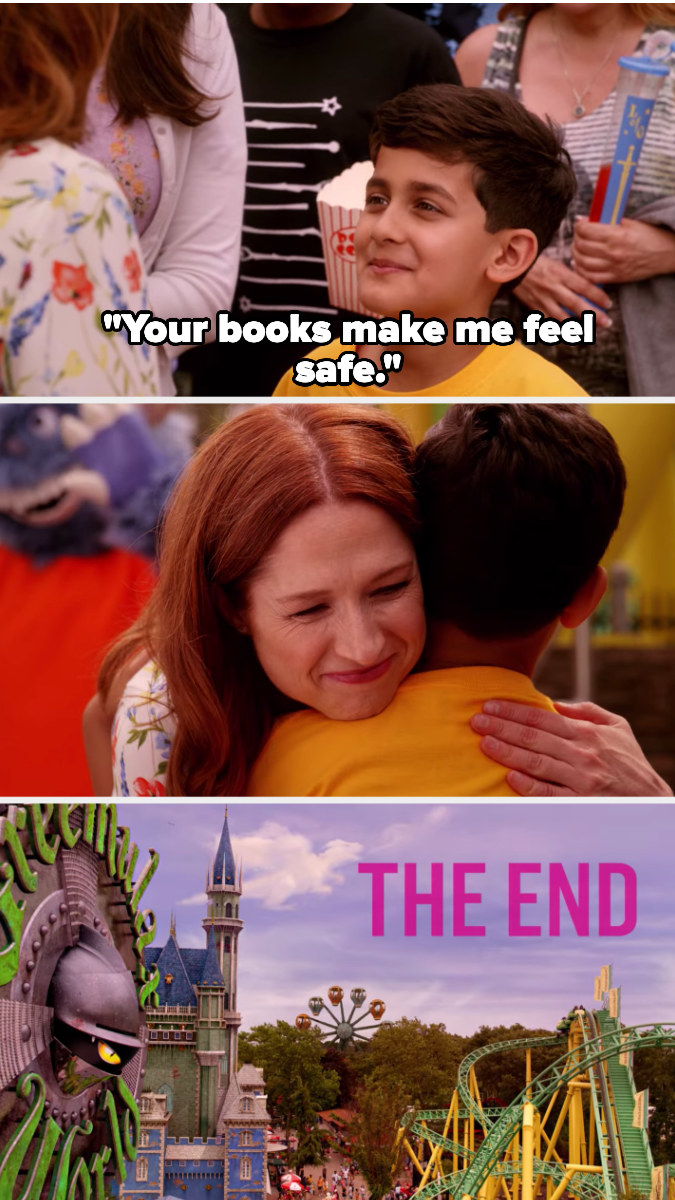 Kimmy hugs a kid who says her books make him feel safe, and then we pan out to see her theme park