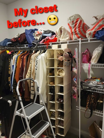 The closet of, Quay, the writer of this post. It has a bunch of clothes on the top wire shelf and since I am the writer, I have no shame telling you it looks a mess.