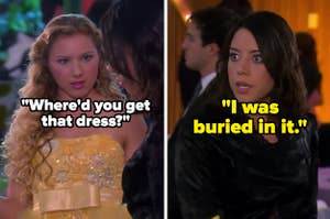 girl asking april where she got her dress and april responding that she was buried in it