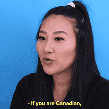 GIF of woman speaking text reads if you are canadian you have to know what a poutine is