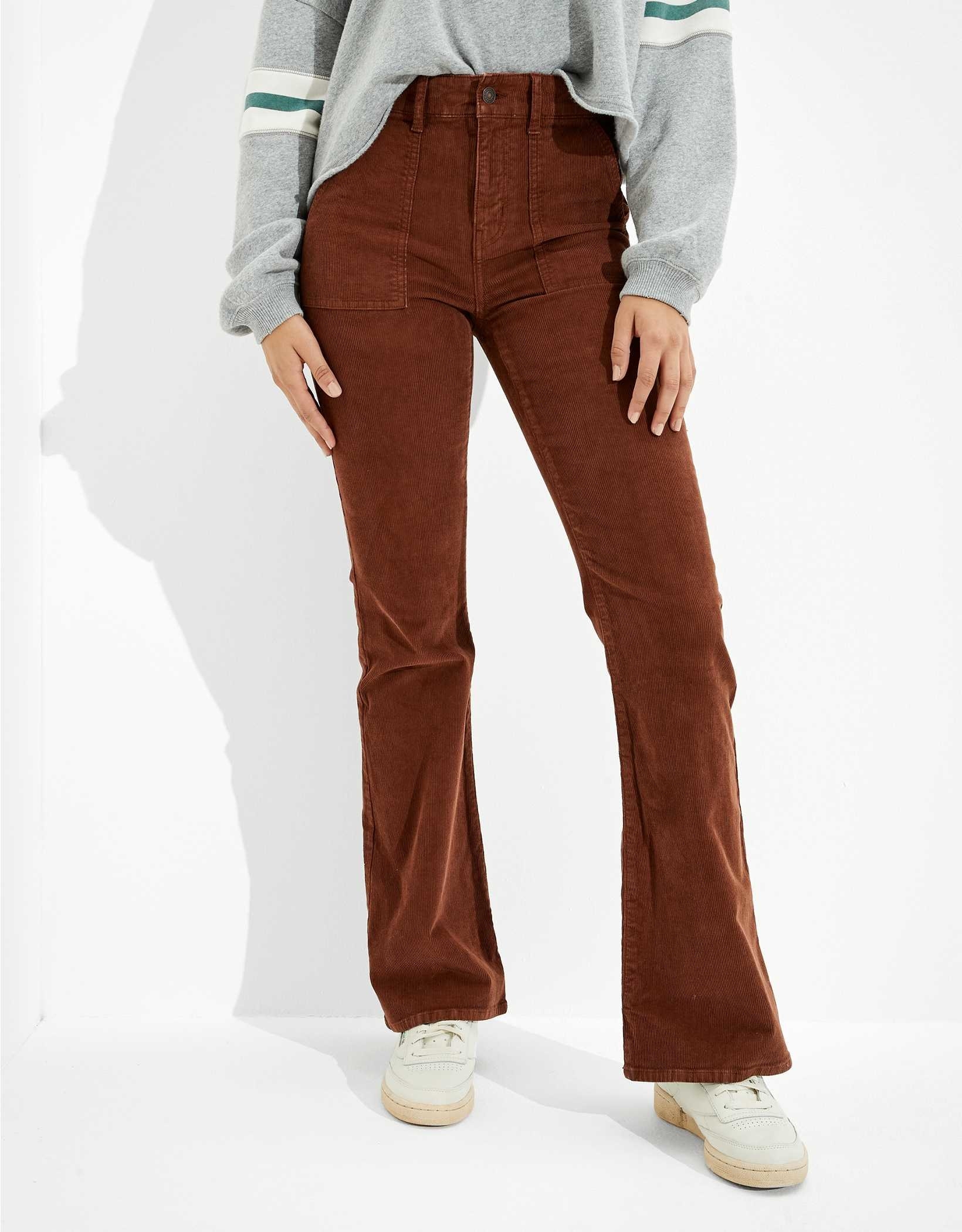 model wearing the brown cord pants