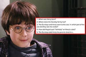 Harry Potter opening his eyes wide with a screenshot of questions places next to his head