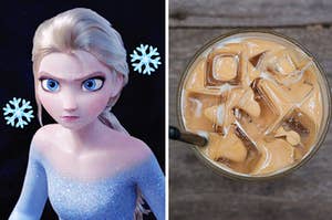 elsa on the left surrounded by snowflake emojis and iced coffee on the right