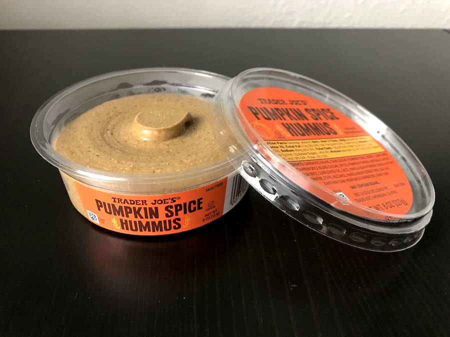 A container of pumpkin spice hummus