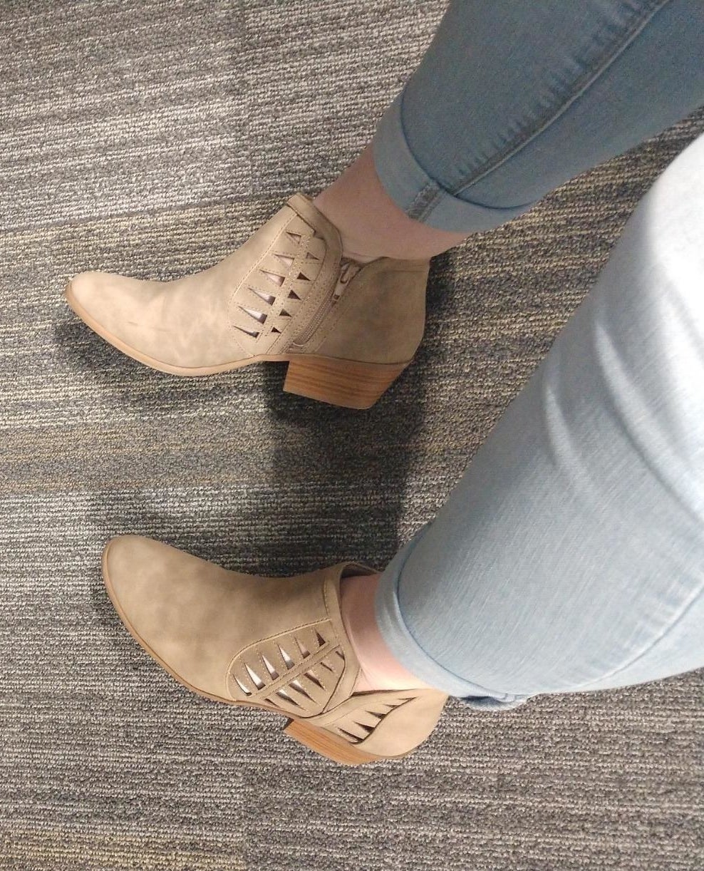 taupe block heel ankle booties with cutouts on reviewer