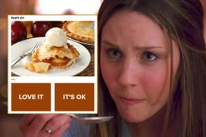 A confused Amanda Bynes from "What a Girl Wants" eating next to a picture of apple pie with the reactions: "love it" and "it's ok"