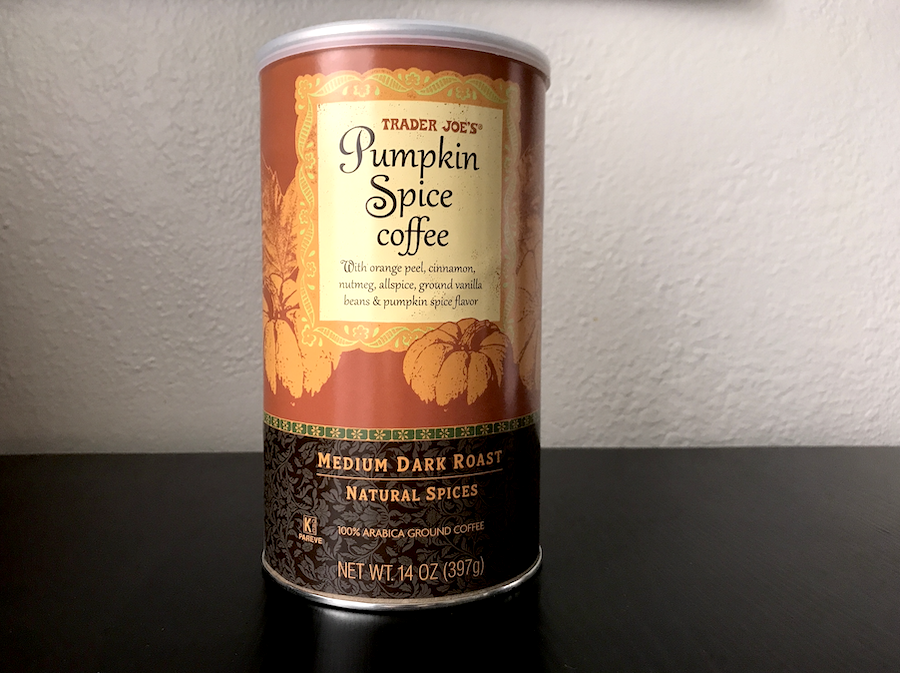 A container of Medium dark roast pumpkin spice coffee