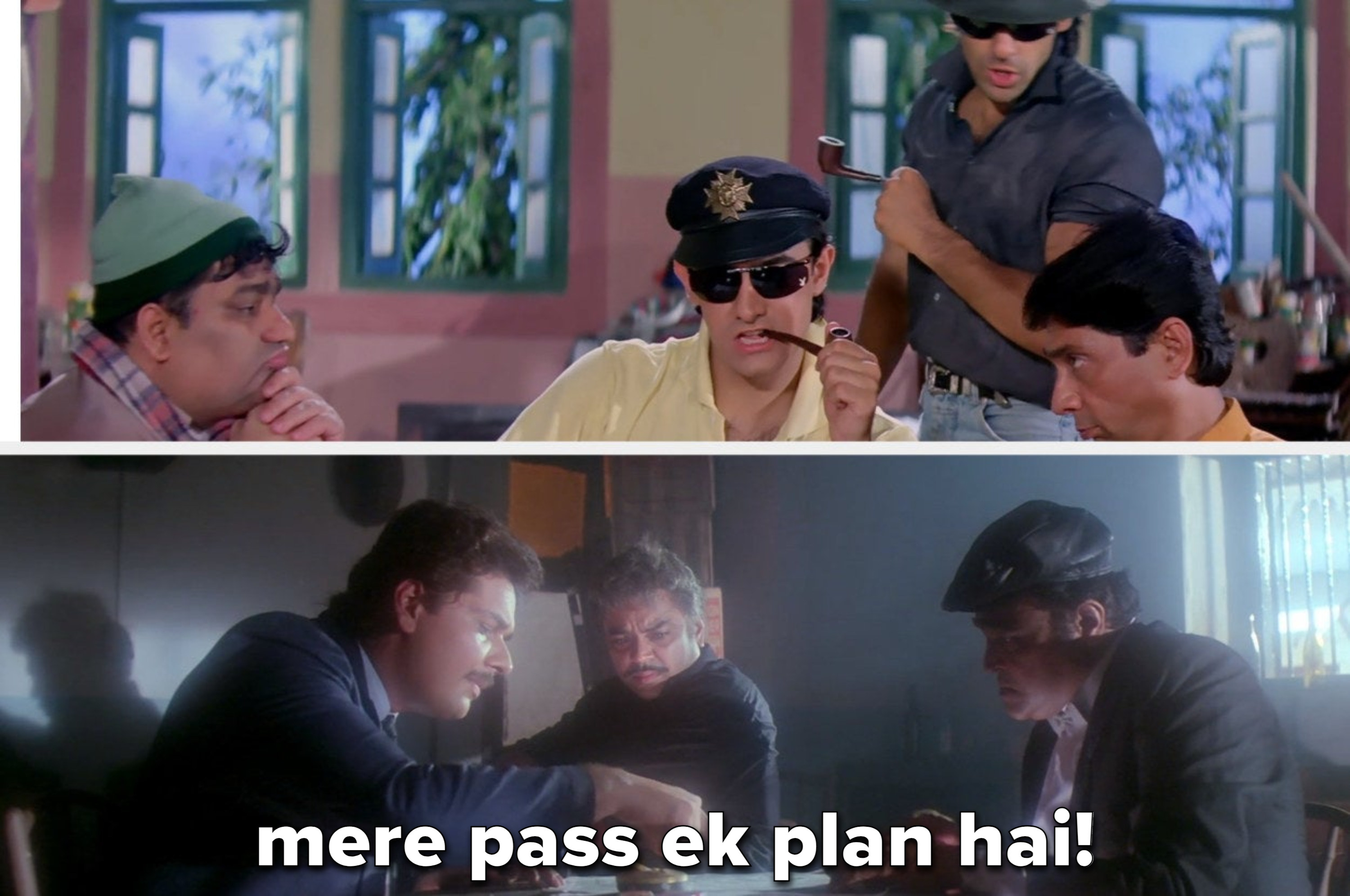 A collage showing Amar Prem in one frame and Teja and gons in the other frame planning to kidnap Ram Gopal