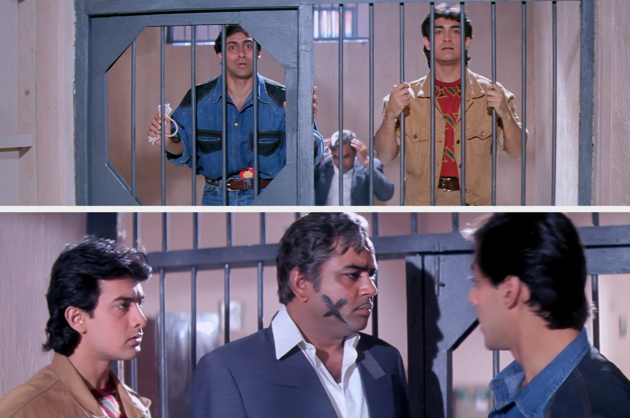 Two frames showing Amar and prem Stuck in a jail with Ram Gopal