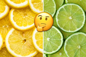 Lemon is on the left with a think face emoji in the center and sliced lime on the right
