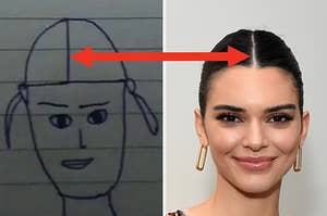 A sketch of Kendall is on the left with an arrow pointing at her actual photo on the right