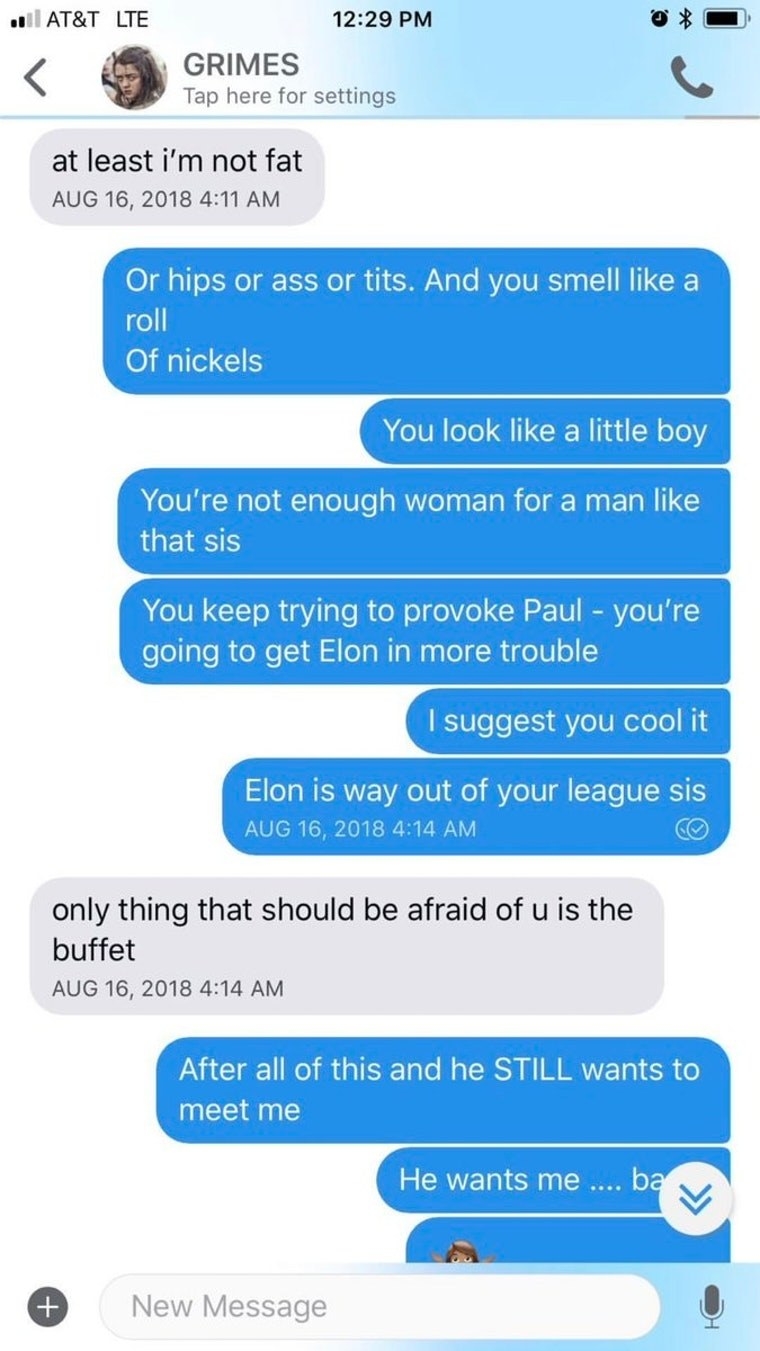 Screenshot of Azealia and Grimes texting, including Azealia telling Grimes &quot;And you smell like a roll of nickels&quot; and &quot;Elon is way out of your league sis&quot;