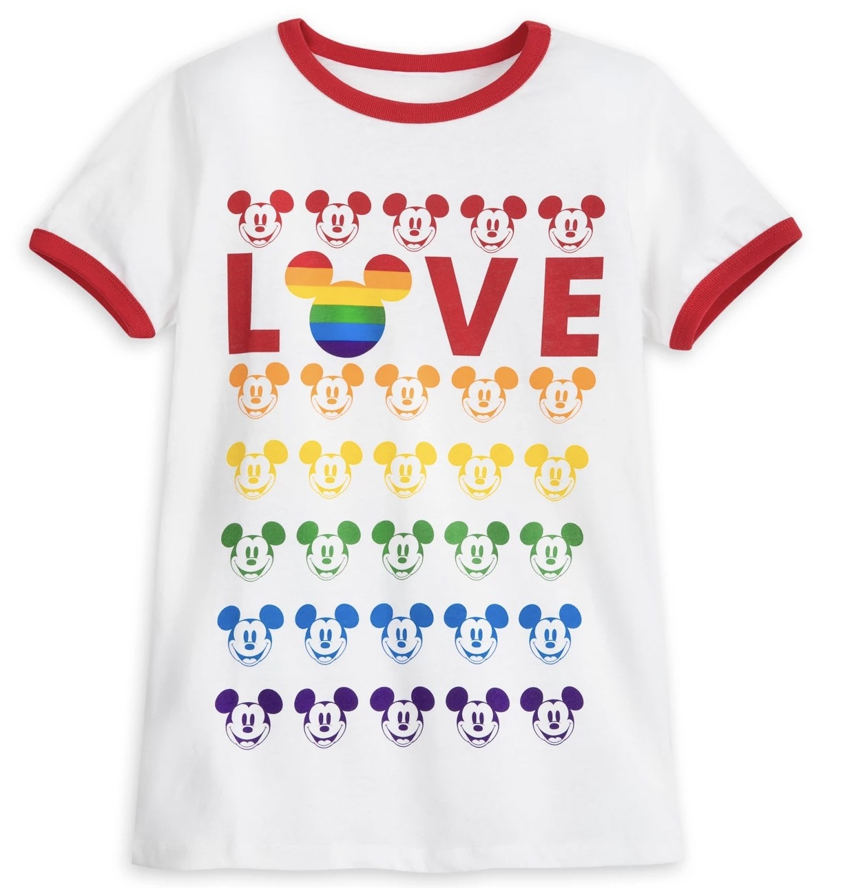 Mickey Mouse ringer tee with rainbow Mickey graphics and love text