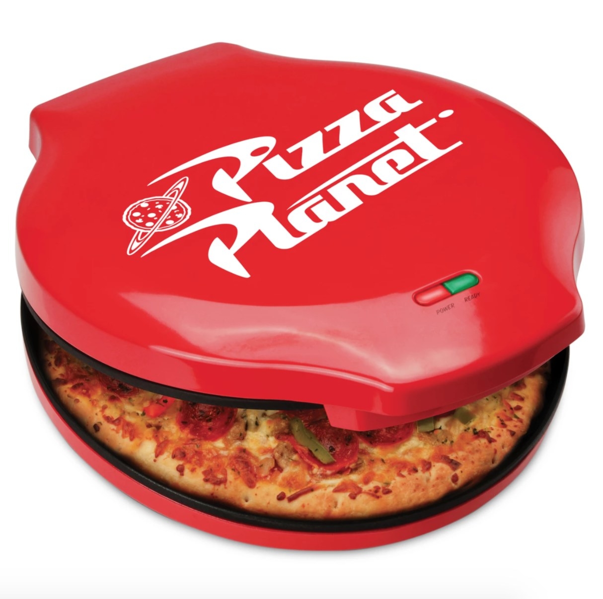 A countertop pizza maker with red outside and Pizza Planet logo on top