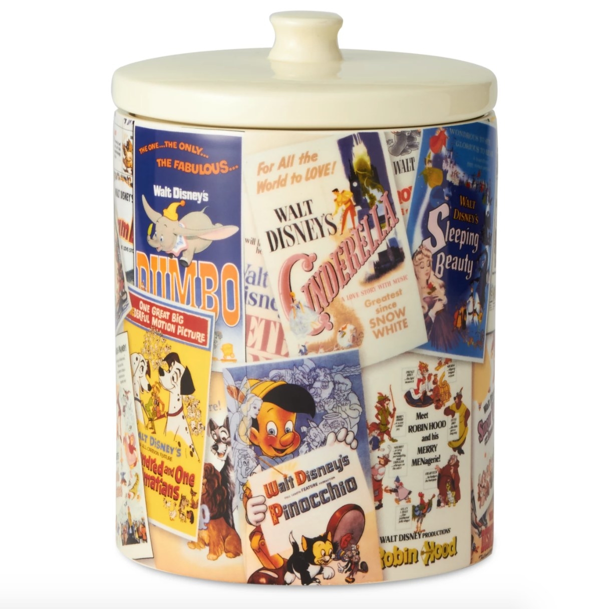 A cookie jar with decorations of classic Disney movie posters