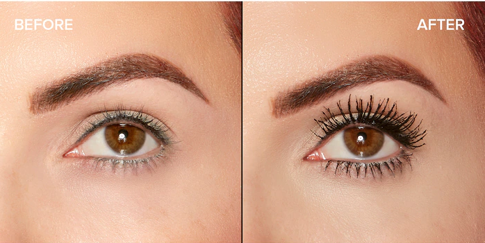 A before image of someone&#x27;s eyes without makeup and after image with longer thicker lashes