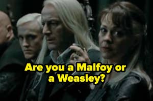 The Weasleys are sitting at a table labeled, "Are you a Malfoy or a Weasley?"