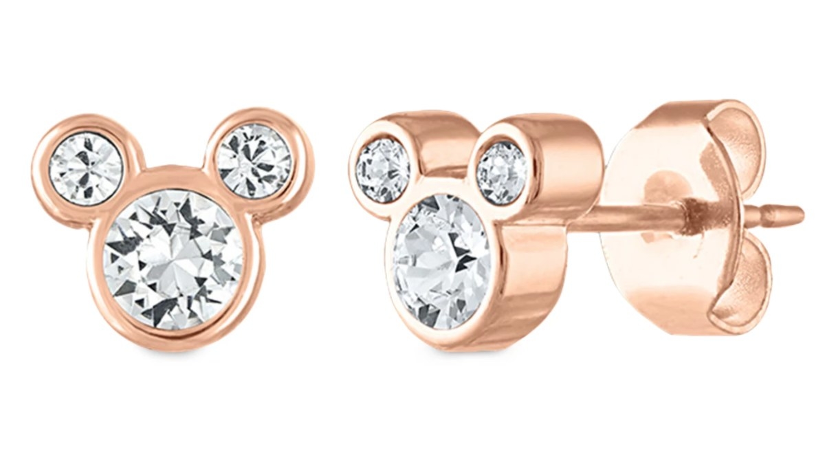 Mickey-shaped stud earrings with rose gold metal and crystal inside
