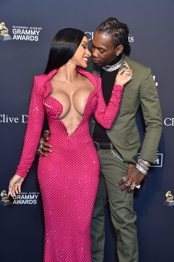 Cardi and Offset posing at the Grammy Awards