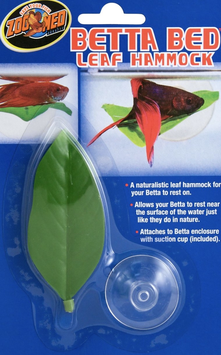 The package says "BETTA BED LEAF HAMMOCK," has a large green leaf and suction cup and photos of fish and leaves