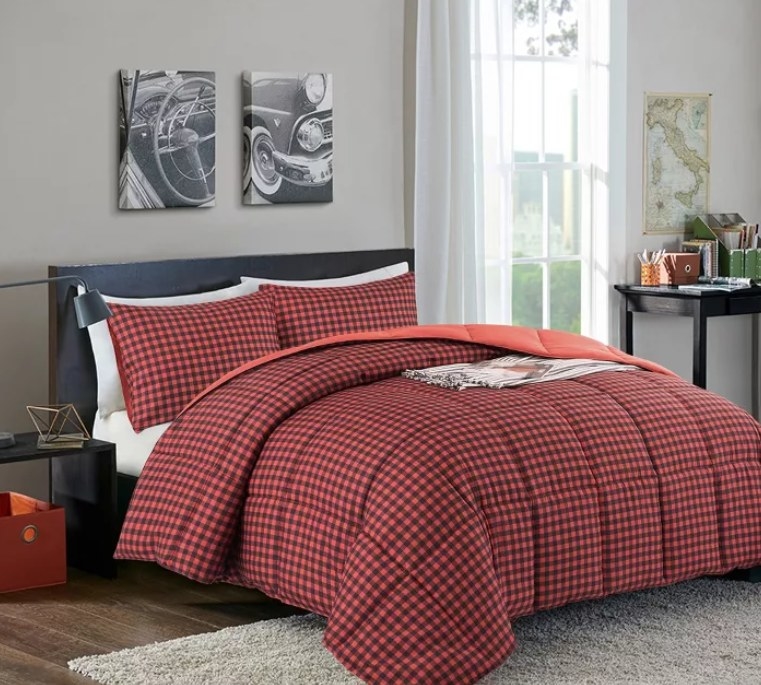 A black-and-red checkered comforter