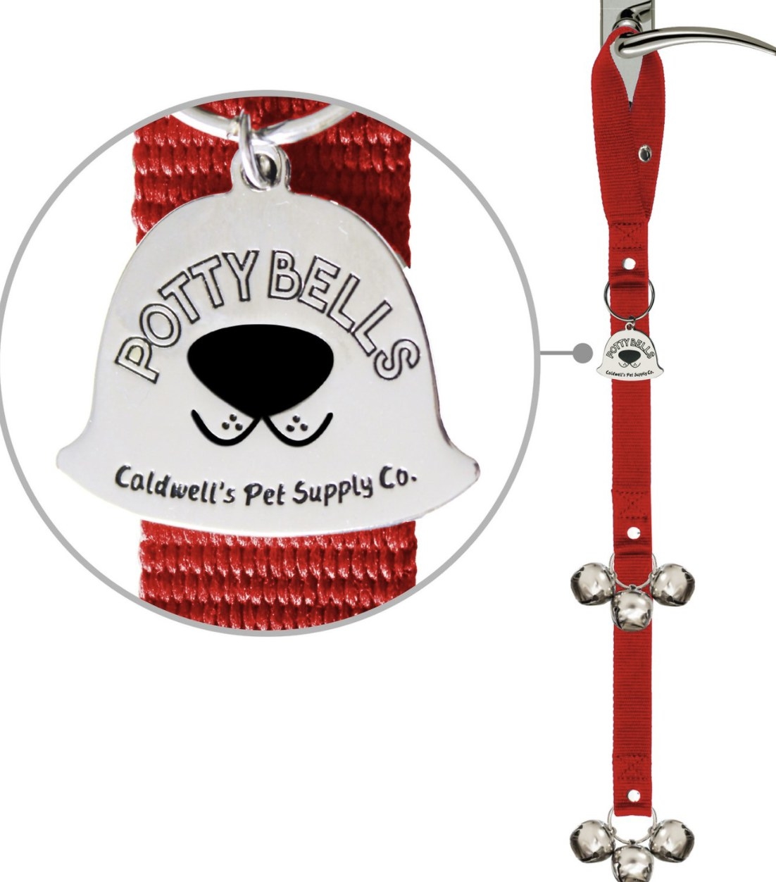 The red strap has six silver jingle bells and a silver tag that says "POTTY BELLS," a dog nose and "Caldwell's Pet Supply Co."