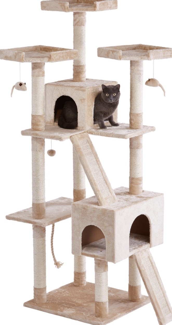 The cream colored plush fabric covers three levels of the cat condo complete with perches, slides, toys and scratchers, and there is a dark grey cat is at the top level