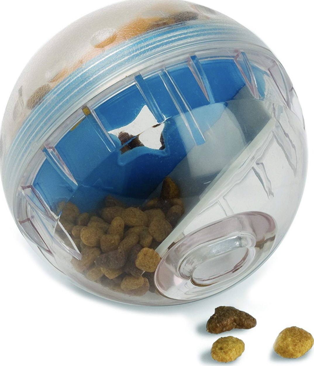 The blue and clear colored ball has a star and oval slot and various pieces of kibble