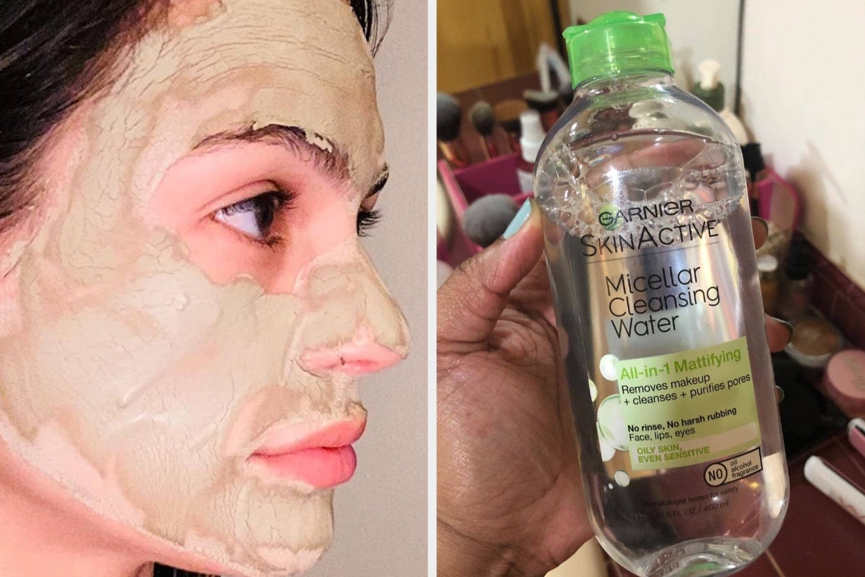 a reviewer with the aztec mud face mask applied; a reviewer holding a bottle of micellar cleansing water