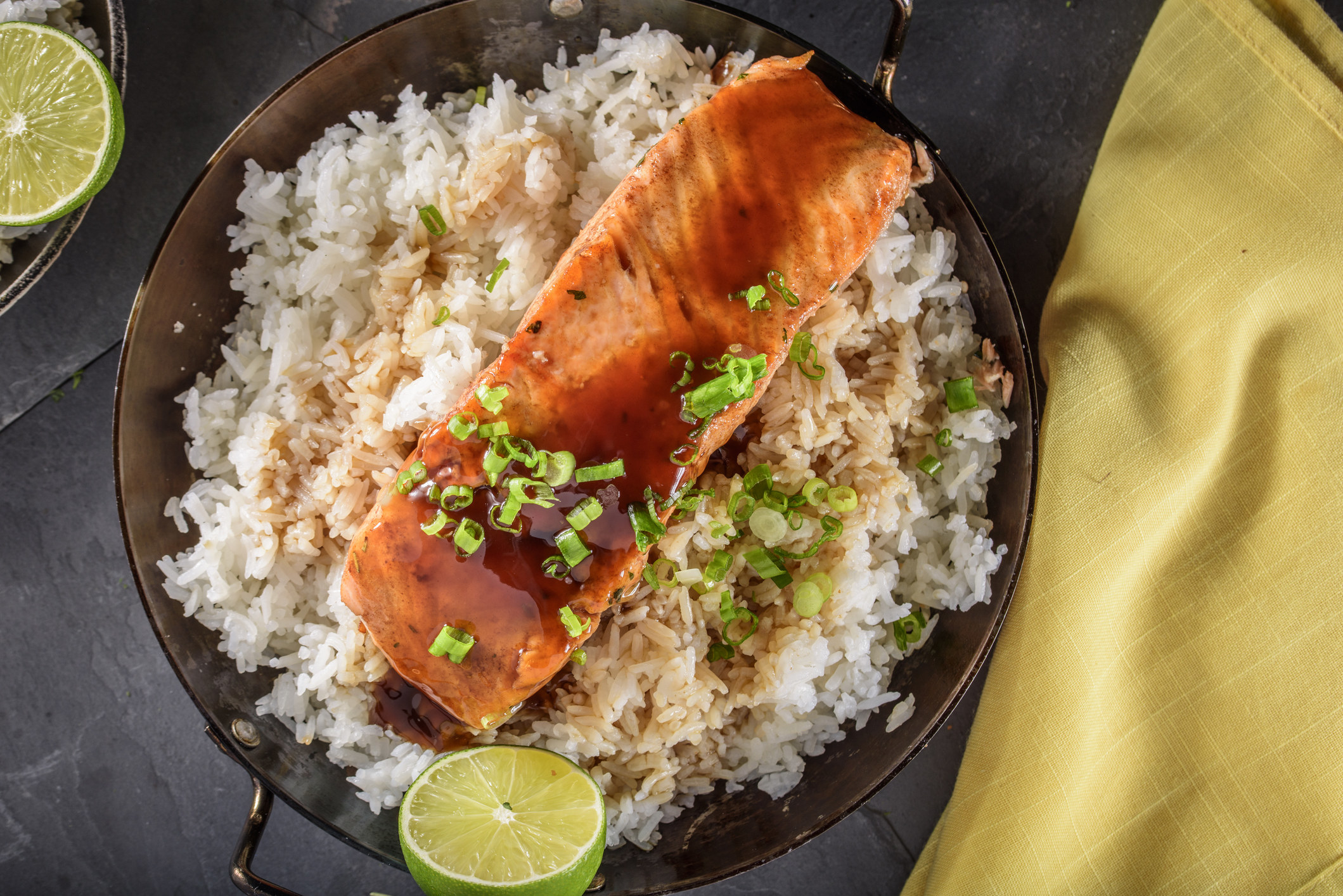 Teriyaki salmon over rice.