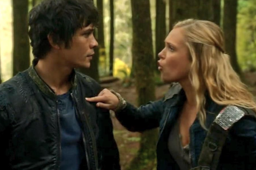 Clarke points her finger into Bellamy&#x27;s chest as they stand in a forest