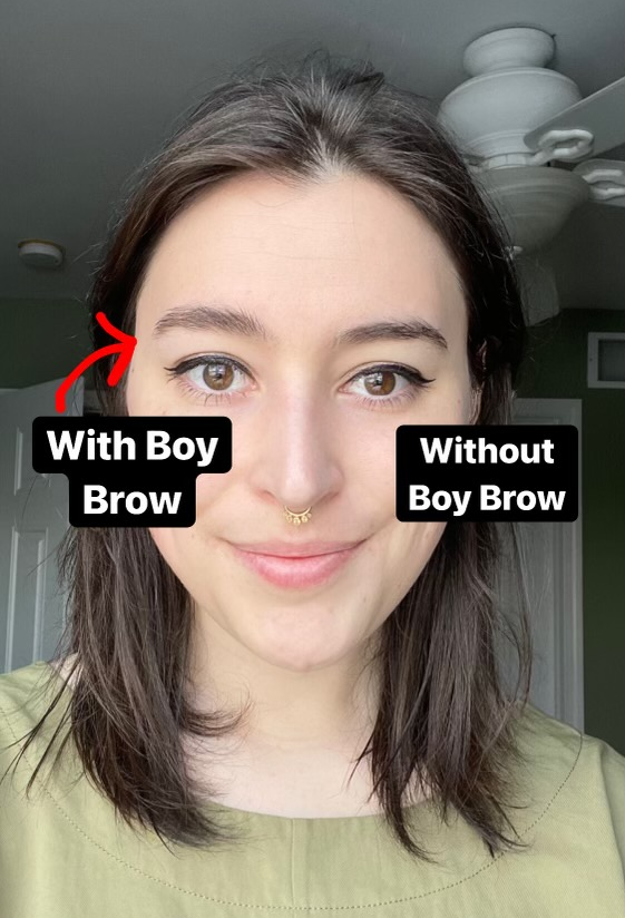 the writer with one fluffy eyebrow captioned &quot;with boy brow&quot; and one natural, flatter eyebrow captioned &quot;without boy brow&quot;