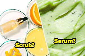 small glass dishes with a dropper bottle, orange slice, capsules, and liquid in them behind text that says Scrub, split with closeup of a paste behind text Serum